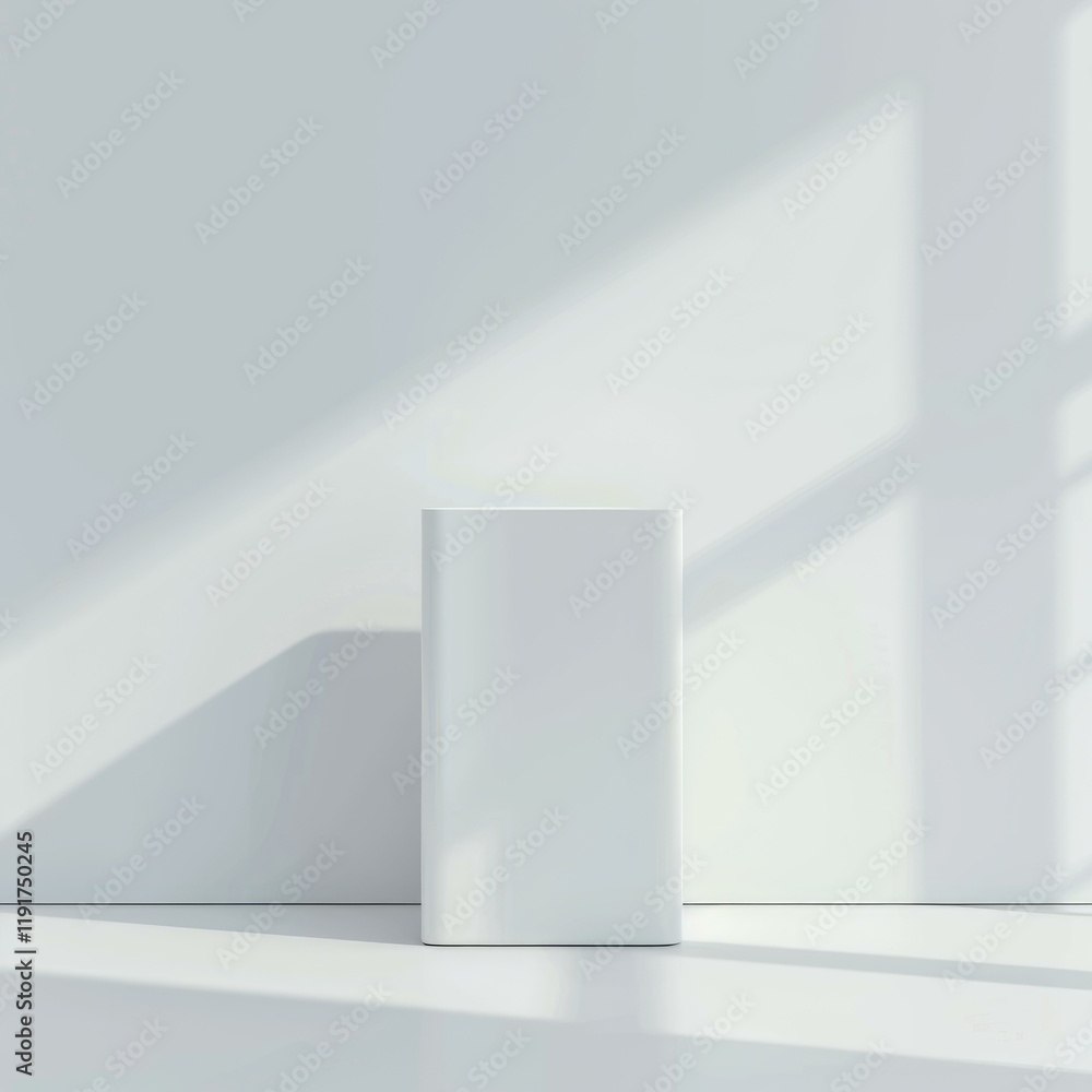 Poster minimalist white rectangular podium stands on white floor with natural light from window creating sh