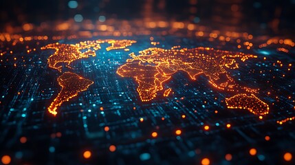 Obraz premium Global network glowing map, city lights background, digital connection