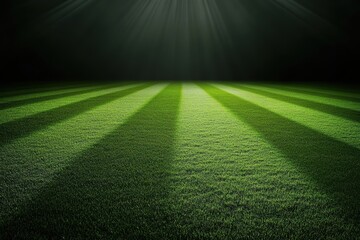 Obraz premium Green soccer field under floodlights at night with fresh grass and clear sky