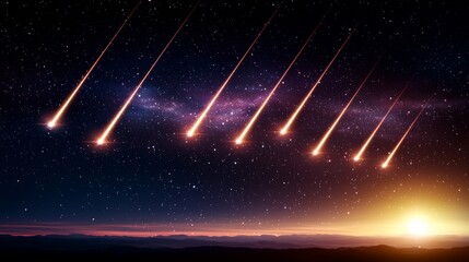 Dramatic starry night with fiery comet trails streaking across a serene celestial landscape filled with sparkling nebulae