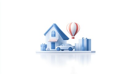 Hot air balloon adventure, soaring above a charming house in serene landscape hot