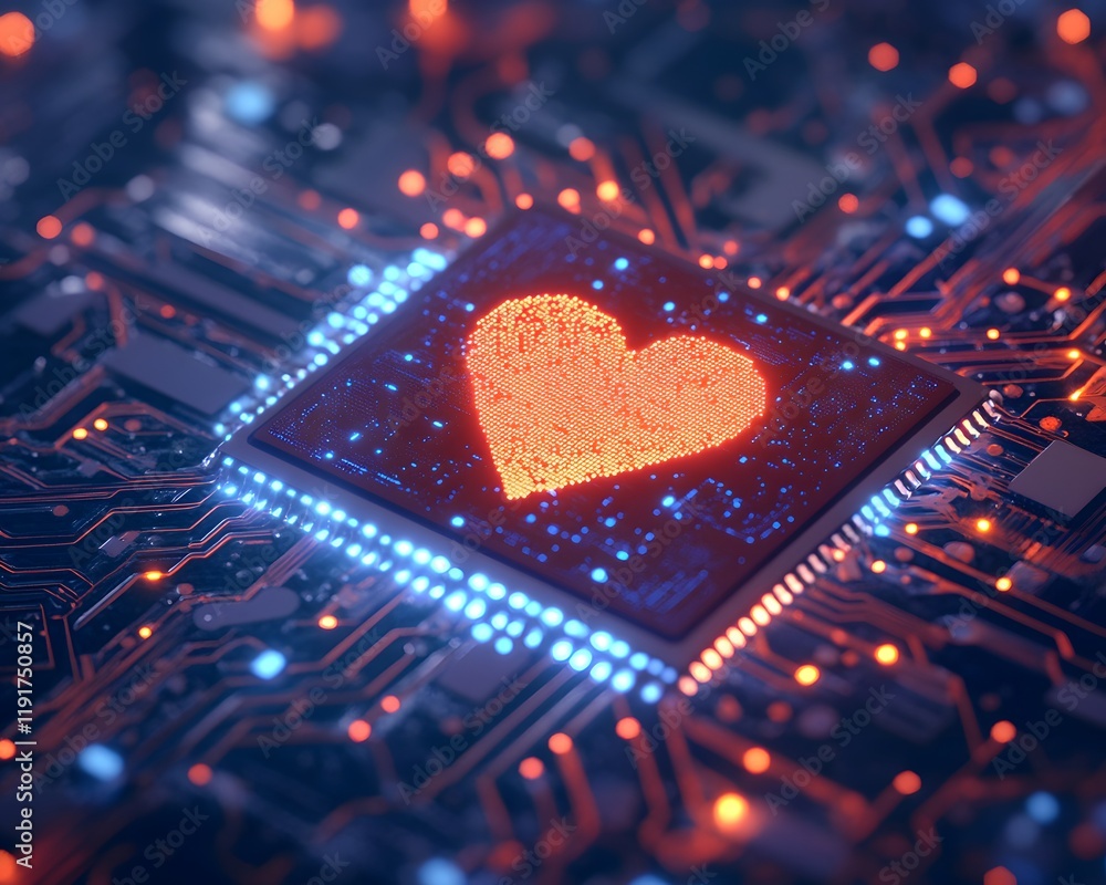 Poster digital heart on microchip circuit board