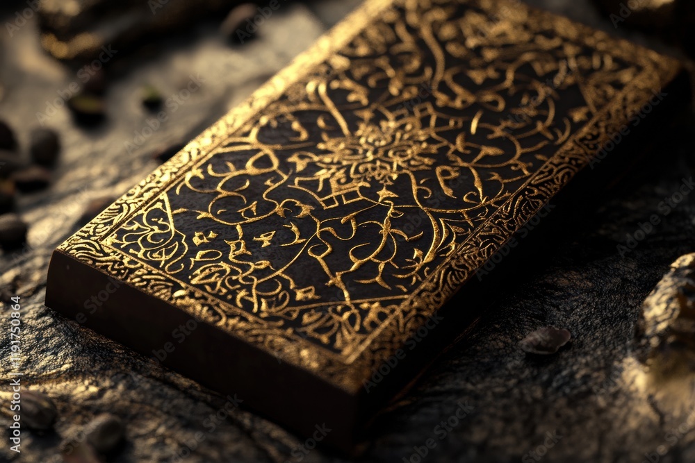 Aufkleber Elegant pistachio filled chocolate bar with intricate arabesque patterns and golden accents on a rustic surface. Generative AI