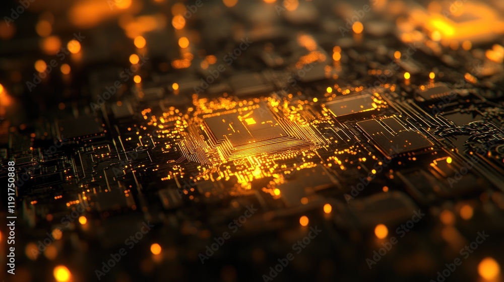Poster a close-up of a processor chip with glowing circuits on a dark background.