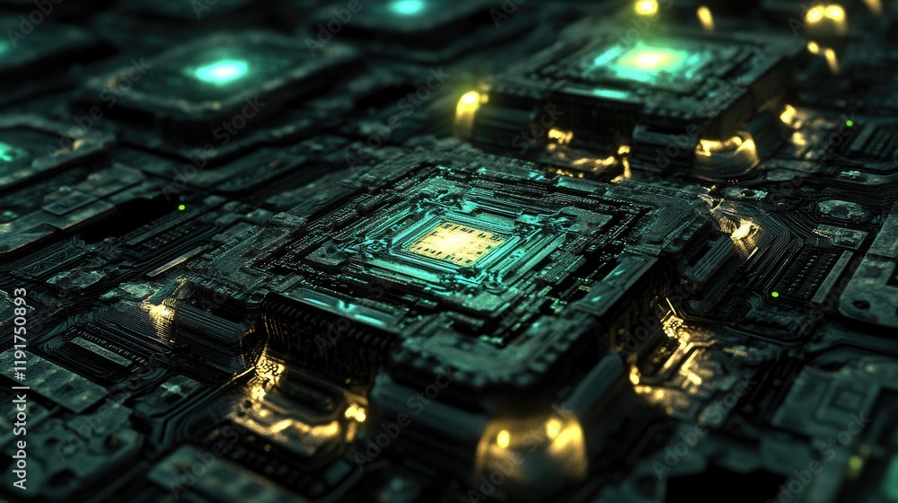 Poster a close-up of a processor chip with glowing circuits on a dark background.