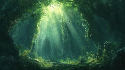 Obraz premium Sunlight Filters Through a Lush Forest Canopy Revealing Stone Steps and Archway in a Mysterious Environment