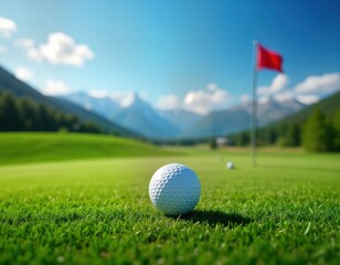 Obraz premium Golf ball rests on green fairway. Beautiful blue sky with puffy clouds above. Scenic mountain backdrop. Ideal for leisure activities like golf. Tranquil summer day. Natural outdoor setting. Golf