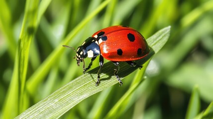 Fototapeta premium A close-up of grass with a small ladybug climbing one of the blades.