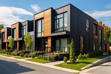 Residential townhouses showcasing a contemporary architectural style with black and wood facades, offering stylish and comfortable urban living