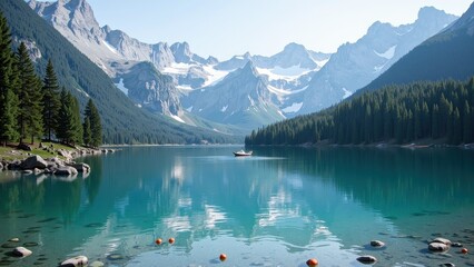 A serene turquoise lake cradled by towering rocks, dotted with vibrant orange orbs. A quaint white boat floats peacefully at its heart, framed by an enveloping forest