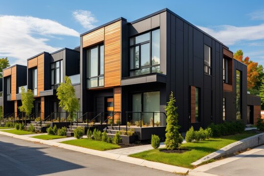 Residential townhouses showcasing a contemporary architectural style with black and wood facades, offering stylish and comfortable urban living