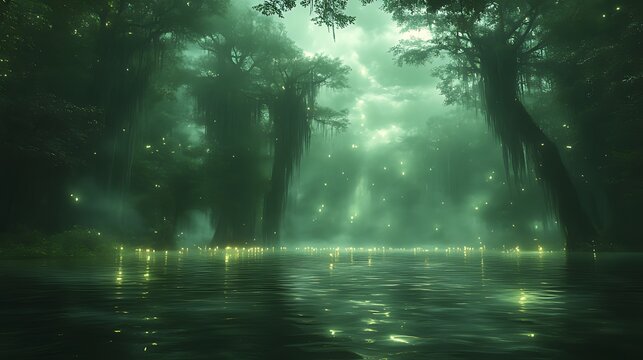Mystical swamp river, fireflies, foggy night, game background