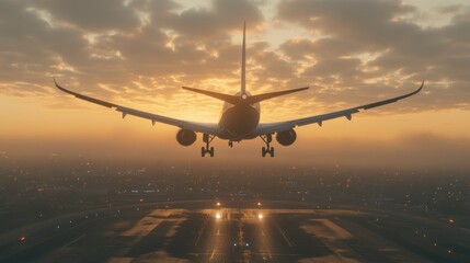 A commercial airplane taking off against a dramatic sunset sky.
