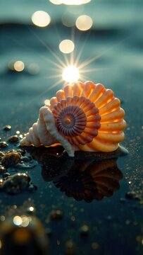 Radiant seashell with sunlit reflection on wet sand at sunset