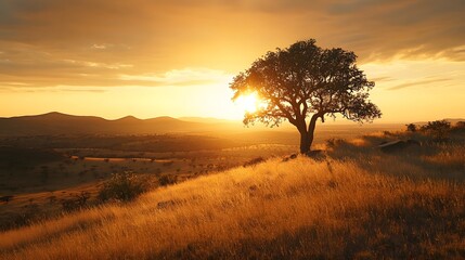 Fototapeta premium Perched high on a hill, a luxury safari tent offers a panoramic view of the savanna, with golden hues of sunset casting a warm glow over the landscape, creating a serene