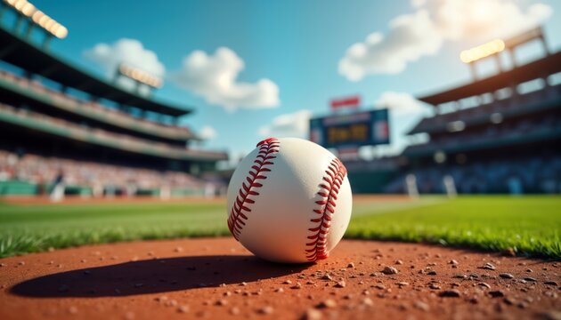 Baseball ball resting on dirt infield of vibrant baseball stadium. Stadium full of spectators. Sun shines on sunny day. Scoreboard shows game information. Dynamic composition creates energetic sports