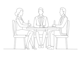 Group of Sitting Business People Silhouettes Linear Sketch. Men and Women in Profile Business Meeting Silhouettes. Business Team Sitting Together Vector Silhouettes.  Group of Business People.