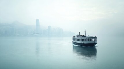 Fototapeta premium A ferryboat sailing through calm waters with a city skyline in the distance.
