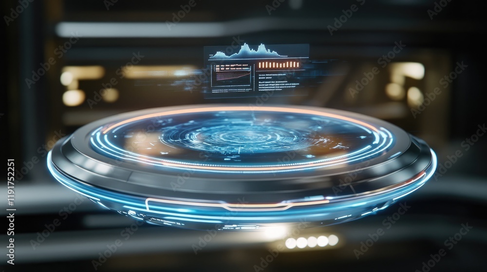 Poster a floating hologram showing a digital dashboard with analytics.