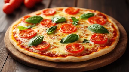 A freshly baked Margherita wood-fired pizza with vibrant basil leaves and bubbling cheese.