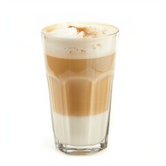 Creamy latte macchiato coffee topped with cinnamon, served in a tall glass, creating a visually appealing beverage against a clean white backdrop