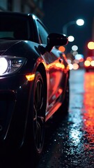 Sleek sports car on wet street at night with vibrant city lights
