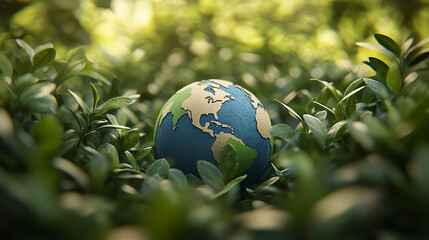 Paper earth globe surrounded by lush green foliage symbolizing environmental care protection...