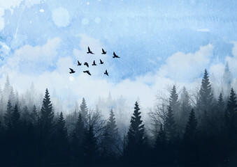 Watercolour Forest Winter Landscape Scenery