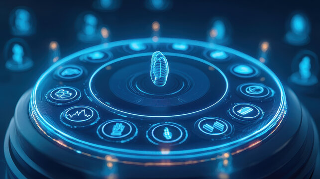 Digital Asset Management System: Futuristic circular interface displays a diverse range of digital assets, showcasing a modern and efficient system for managing digital content.