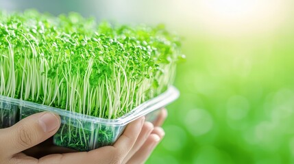 Hands holding trays packed with vibrant microgreens, soft indoor lighting highlighting green freshness, representing urban farming innovation