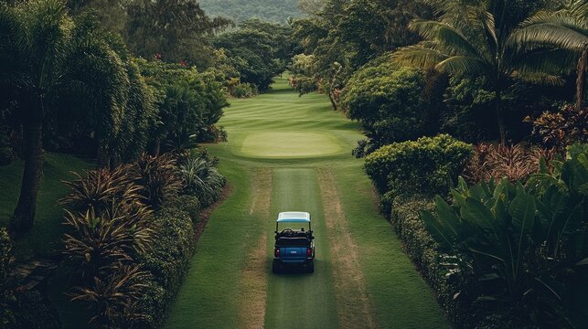 A golf cart driving along a narrow path surrounded by lush greenery. - Powered by Adobe