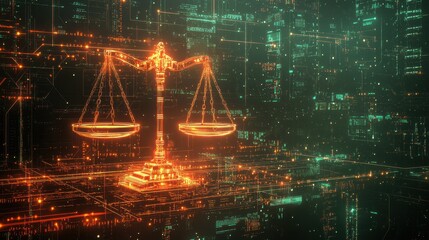 Stylized Illustration of Law Scales in Futuristic Digital Background