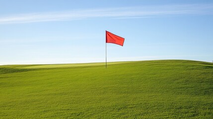 A golf flag fluttering in the breeze on a vibrant green field.