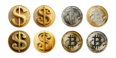 Dollar and Bitcoin Coin Collection Design, PNG collection, set bundle, isolate on transparent or white background