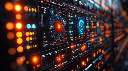 Futuristic server room displays data processing