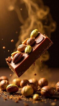 Delicious chocolate bar with nuts and cocoa beans in dramatic lighting