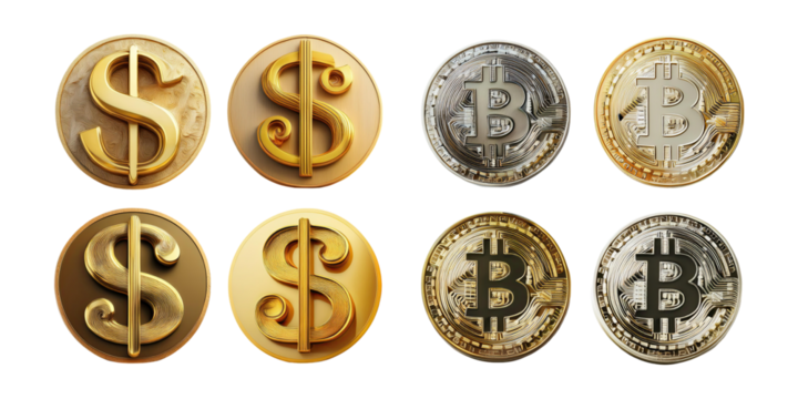 Dollar and Bitcoin Coin Collection Design, PNG collection, set bundle, isolate on transparent or white background