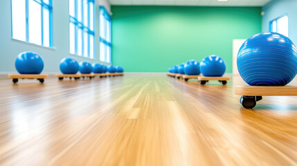 Pilates Studio Ready: Rows of blue Pilates balls on wooden rollers await eager participants in a bright, airy studio. The scene is calming and inviting, promising a revitalizing fitness experience.