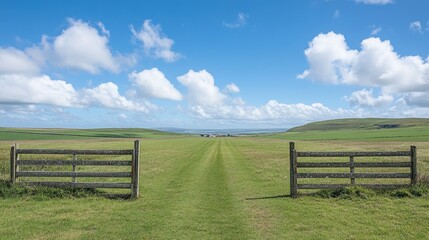 Fototapeta premium A long, green grass field with a wooden gate leading to a farm beyond.
