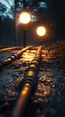 Obraz premium Illuminated Path Through Autumn Landscape at Dusk Showing Glowing Streetlights and Reflections on the Ground