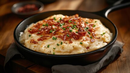 Cheesy Ksesptzle topped with crispy bacon and chives in a cast-iron skillet, served on a wooden table