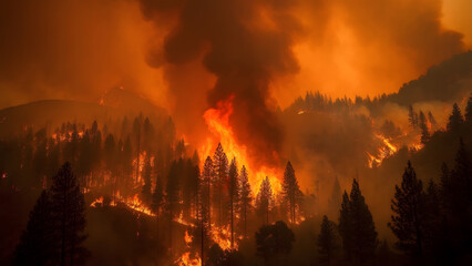 Forest Fire Burning Through Pine Trees with Orange Sky and Smoke
