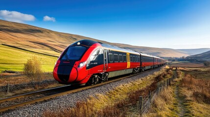 Fototapeta premium A modern train speeding through a countryside landscape under a clear blue sky.