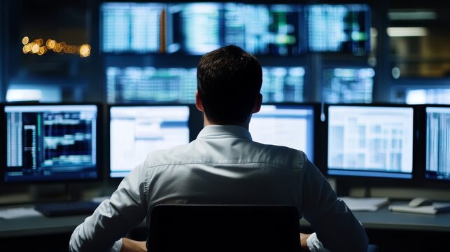 Boosting productivity, man navigating multiple monitors in modern workspace
