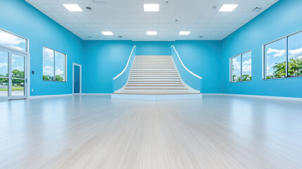 Fototapeta premium Serene Blue Room with Grand Staircase: A spacious, bright room painted a calming light blue features a grand, elegant white staircase as its centerpiece. Large windows offer views of the outdoors.