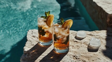 Refreshing iced tea served in tall glasses beside a tranquil pool during a sunny day