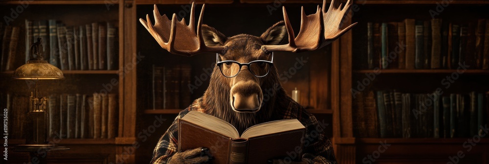 Poster moose wearing reading glasses enjoys a book in a vintage library filled with shelves and warm lighti