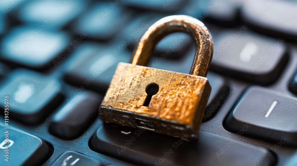 Poster cybersecurity and data protection, padlock on keyboard symbolizing online security privacy