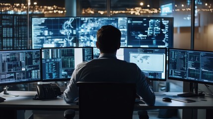 Boosting productivity, man at a multimonitor desk setup in modern office