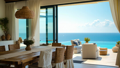 Obraz premium A dining room with a natural wooden table, linen slipcovered chairs, and a woven pendant light, styl